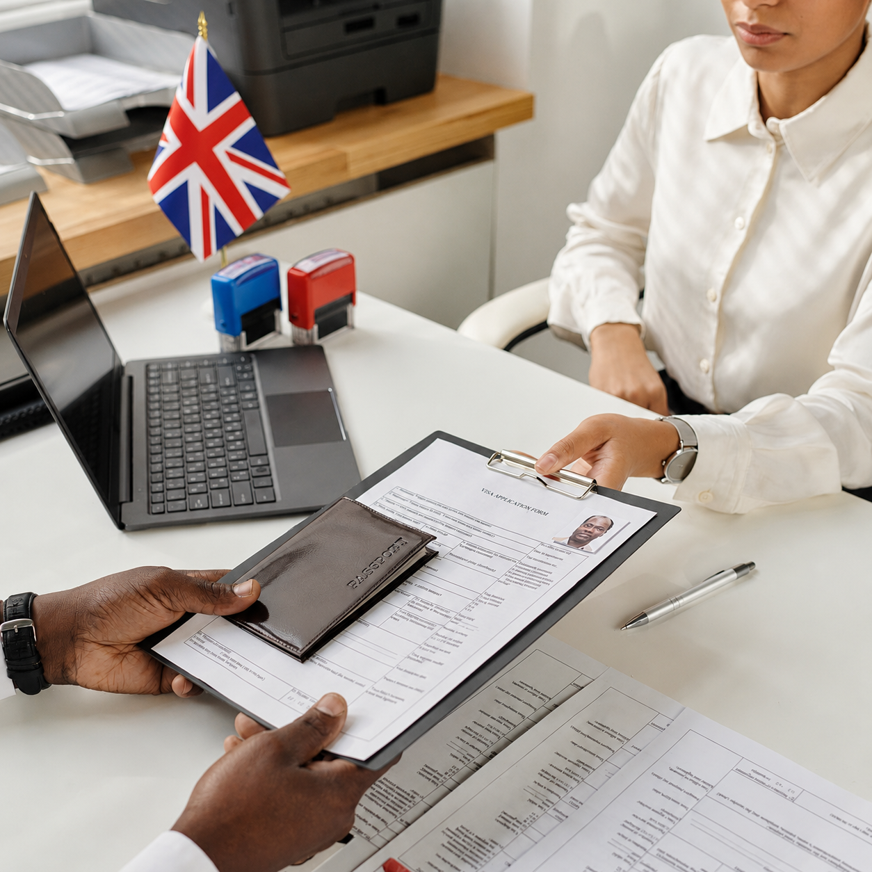 A person hands a document to another at a desk with a laptop and uk flag.
